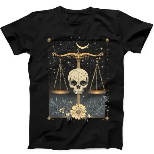 Tarot Style Libra Zodiac Sign Skull Funny Gift Black Tee T Shirt 352