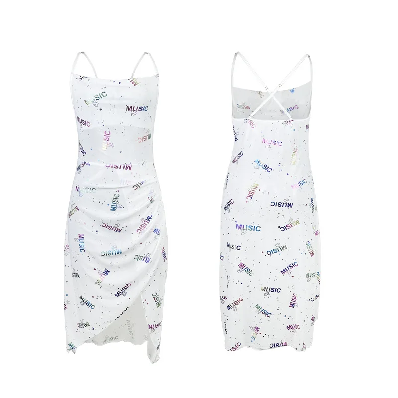 White Letter Print Slip Dress Spaghetti Strap Criss Cross Back Ruched Hem Hem Slim Fit Women Casual Nightwear Midi Dress WDLD