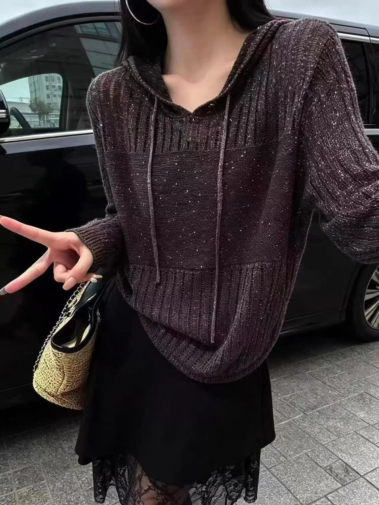 Fall Fashion Soft Glitter Hat Knitted Long Sleeve Sweater Outerwear Women's Loose Fit Commute Style Knitted Top Shirt