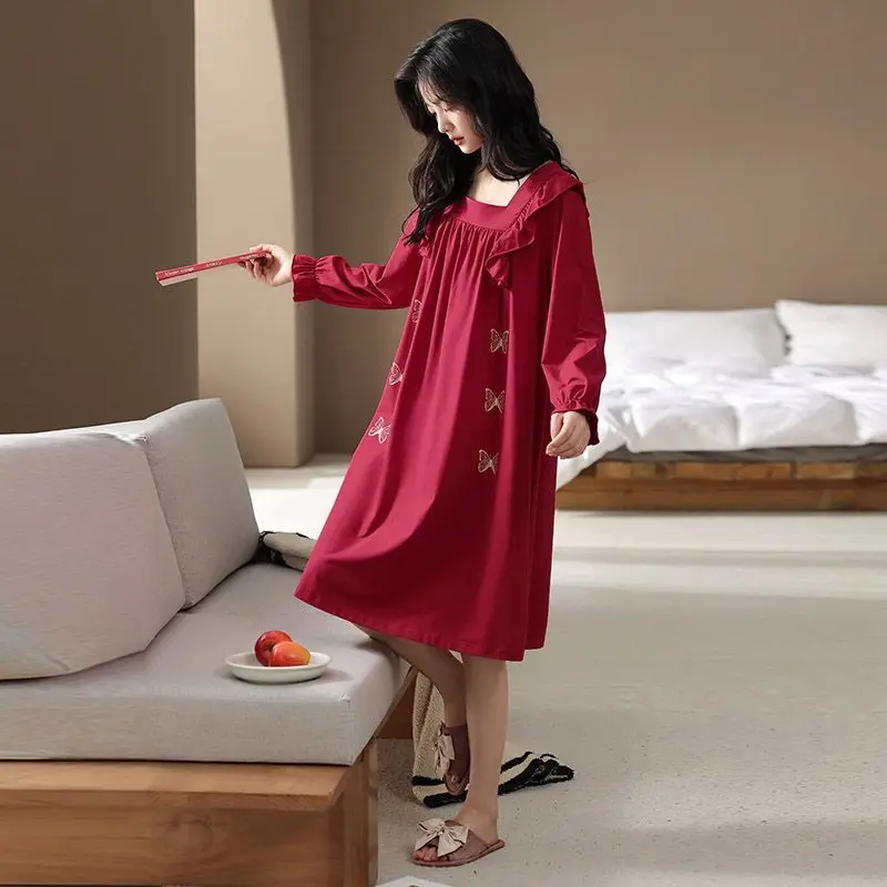 

Red Long-sleeved Nightgown Spring Autumn Modal Women's Pajamas Dress Wedding Home Clothes Silk Princess Sleepwear Sleeping Gown