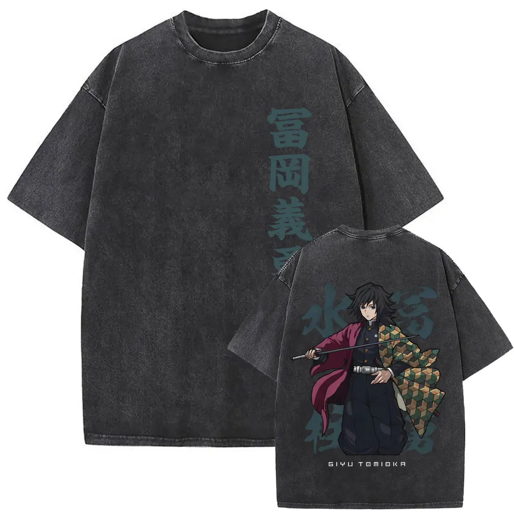 

Washed Vintage Anime Demon Slayer Water Hashira Tomioka Giyuu Graphic T-shirt Men Women Clothing Fashion Casual Oversized Tshirt
