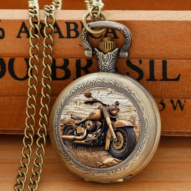 Exquisite Vintage Motorbike Pocket Watch Creative Clock With Necklace Chain Retro Bronze Cowboy Masculino Relogio Best Gift