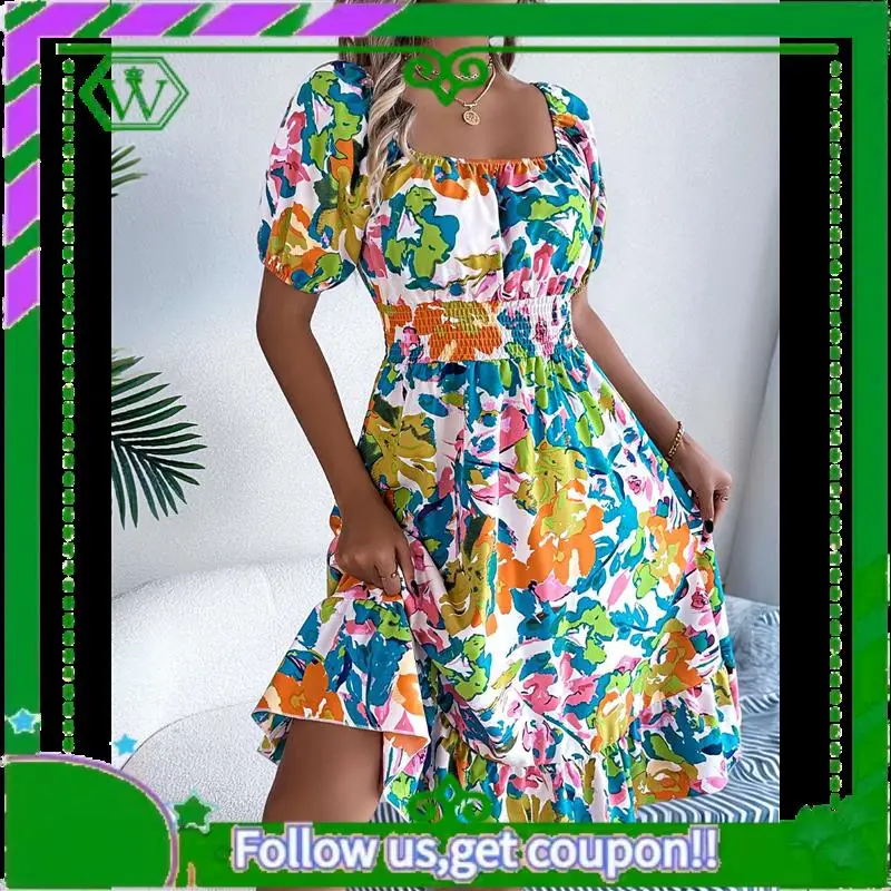 A18P-ผู้หญิงชุดลําลองฤดูร้อน 2025 ฤดูใบไม้ผลิพัฟแขนสแควร์คอ A-Line Flowy Boho ดอกไม้ Smocked MIDI ชุด