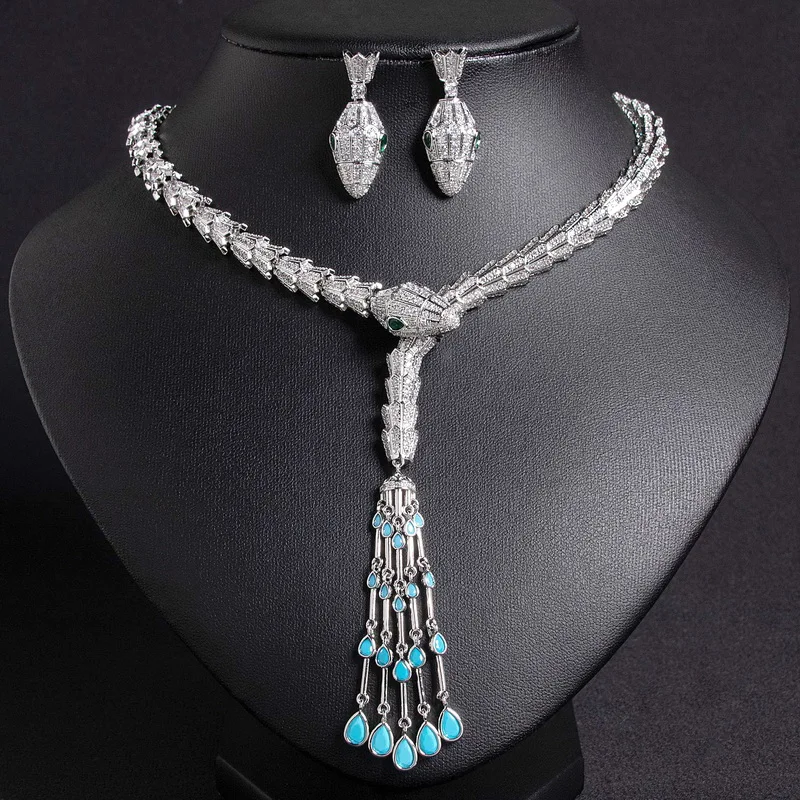 Light Luxury Snake Teardrop Tassel Cubic Zircon Jewelry Set Necklace Earrings Women Bridal Wedding Evening Dress Accessory