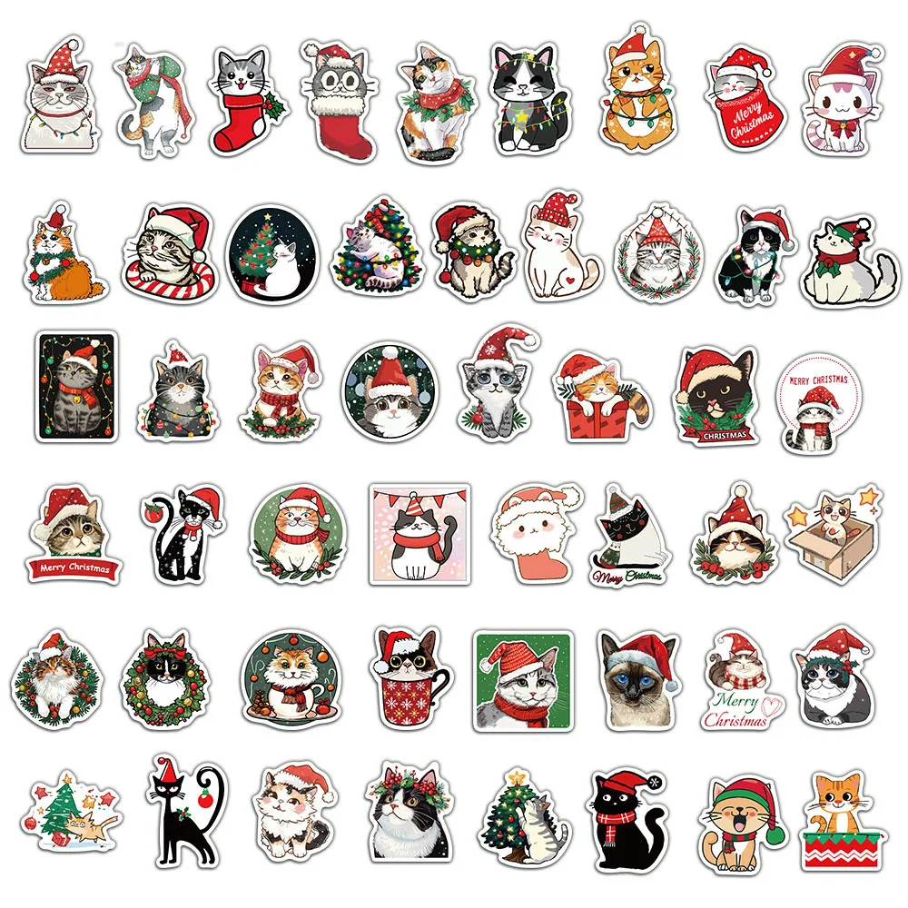 50개 귀여운 크리스마스 고양이 그래피티 스티커 미적 DIY 여행가방 자전거 전화기 새해 선물 장식 스티커 장난감 선물