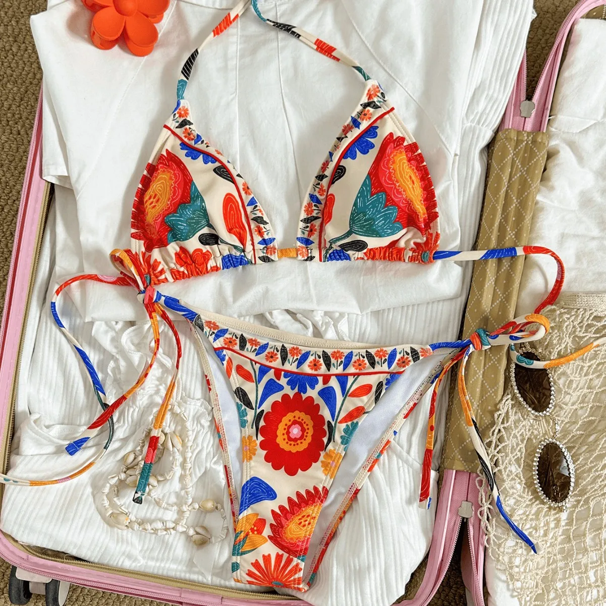 Women Floral Print Halter Triangle Bikini Set Multicolor Bohemian Flower Pattern Side Tie High Cut Leg Bottom 2 Piece Swimwear