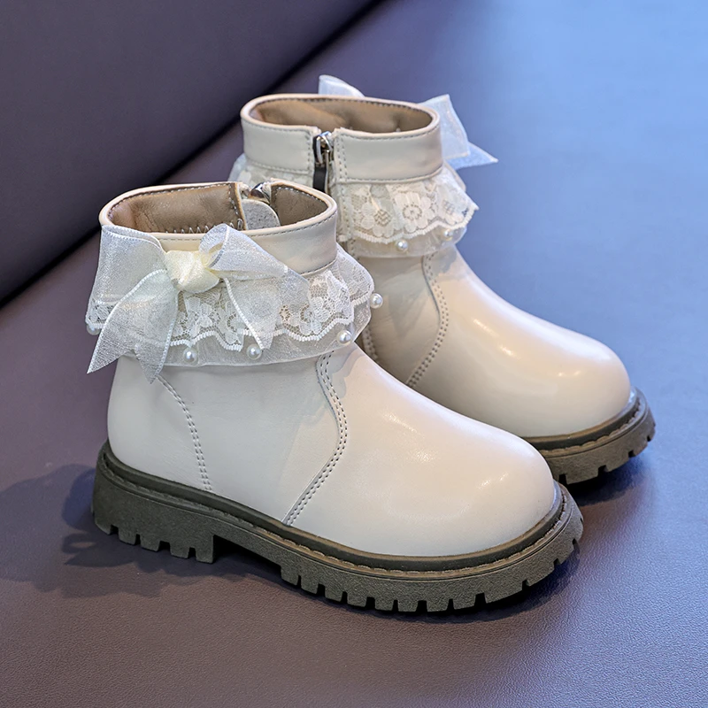 Little Girls Lace Bow Ankle Boots Ruffle Collar Side Zip Anti‑slip Thick Sole Dress Boots For Holiday Wedding Occasion
