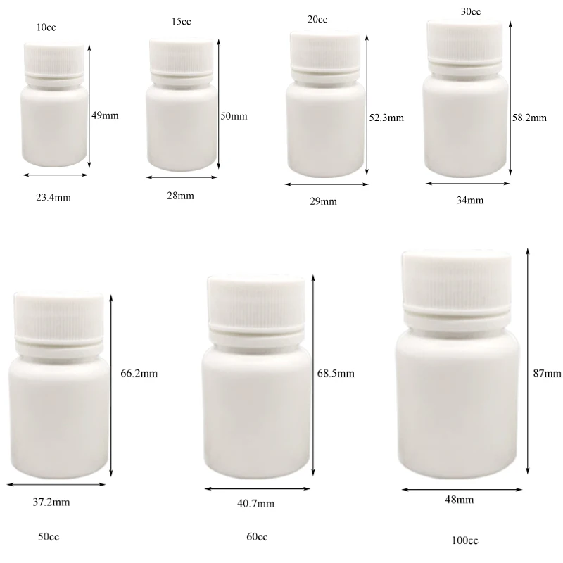 50pcs 10cc 15cc 20cc 30cc 50cc 60cc 100cc HDPE White Empty Plastic Pill Bottles Capsule Medicine Containers with Caps & Sealer