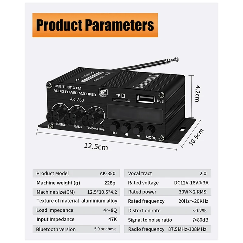 Novo AK-350 classe-ab amplificador de áudio de potência doméstica som bluetooth amplificador digital carro 2 canais alta fidelidade estéreo amp