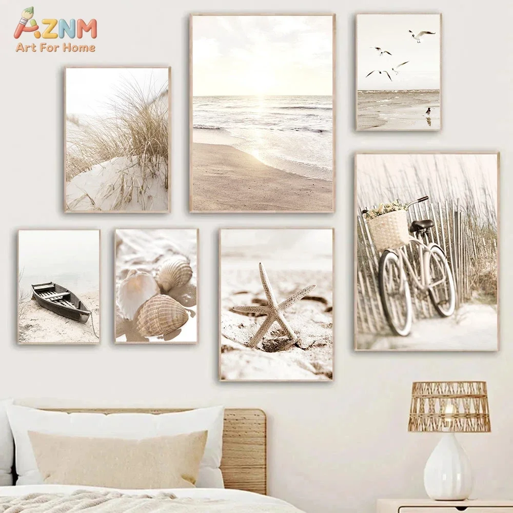 AZNM Neutral Coastal Beach Canvas Wall Art, Beige Sand Dune Starfish Seashell Bicycle Seagull Print, Soft Boho Nautical Poster f