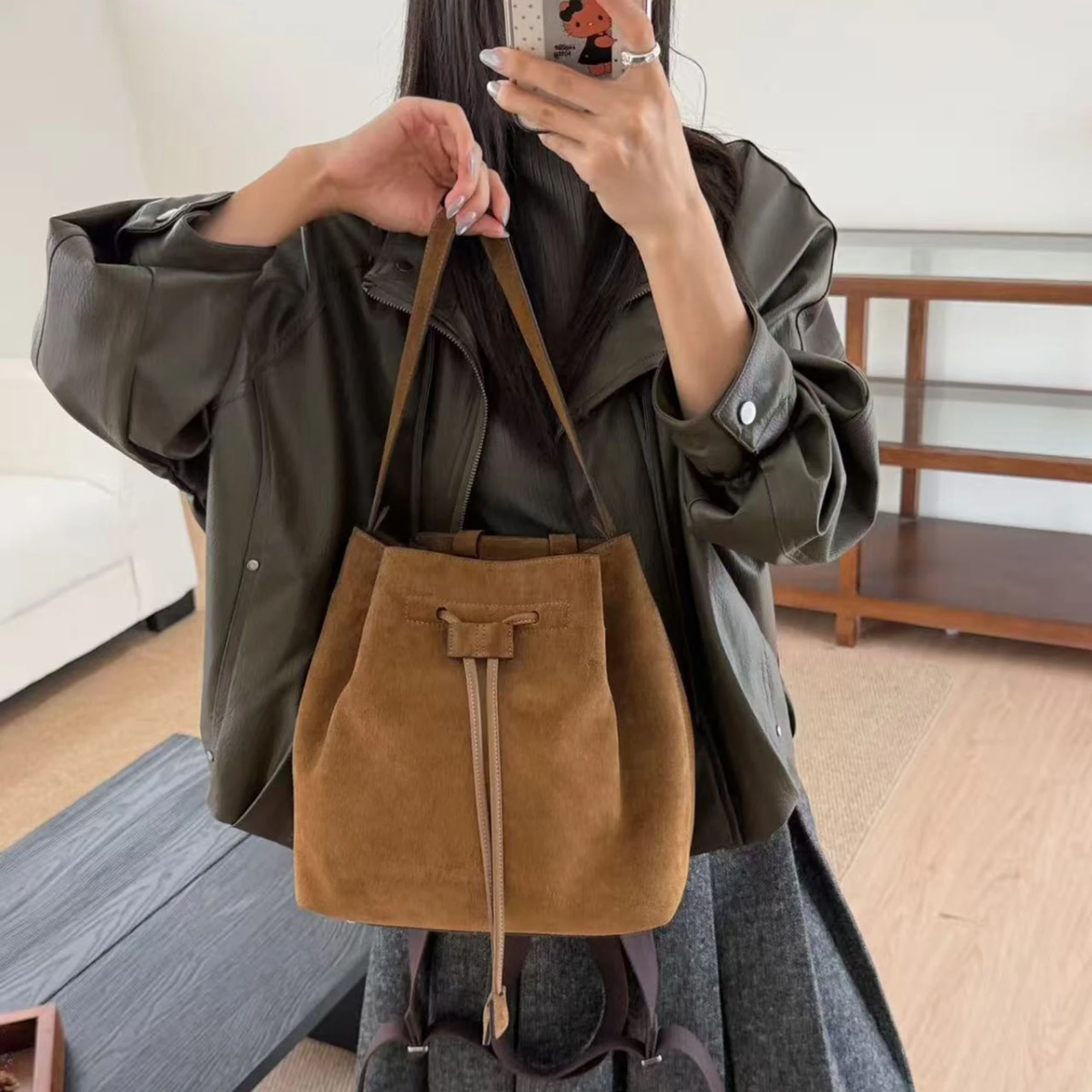 CKKUI Vintage Luxury Designer Women's Suede Genuine Leather Tote Handbag 2026 New Autumn High Quality Commuter Shopping Backpack