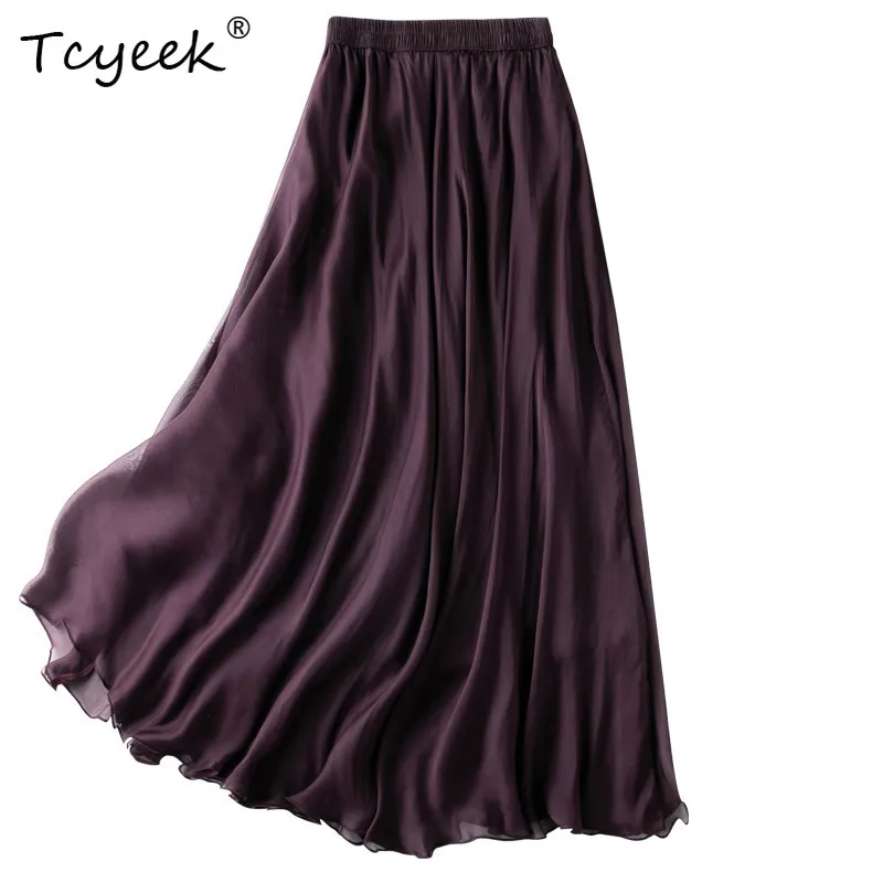 Tcyeek 100% Natural Mulberry Silk Vintage Skirt Woman Clothes Summer Skirt Elegant Skirts for Women Solid Color Юбка Женская