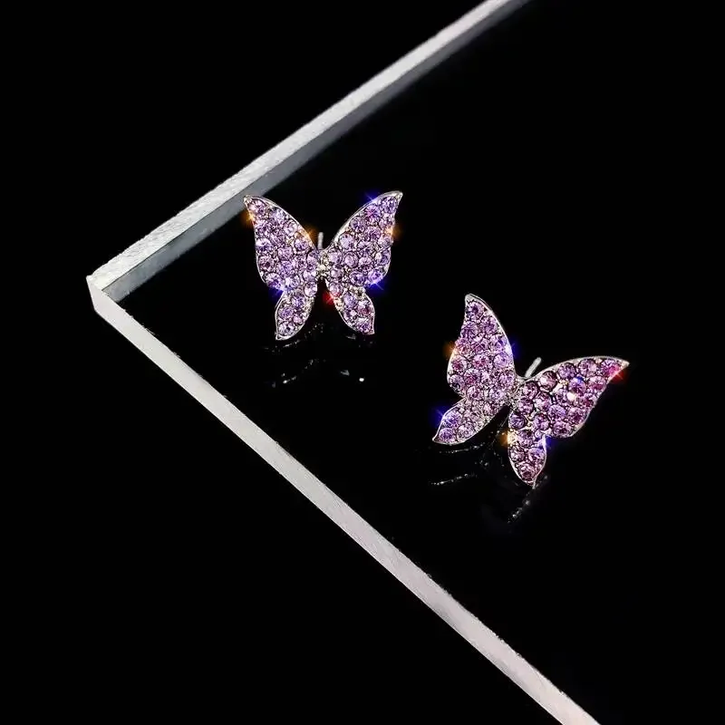 Korean New Fashion Purple Crystal Butterfly Earrings for Women Rhinestone Cute Girl Zircon Stud Earrings Jewelry Wholesale