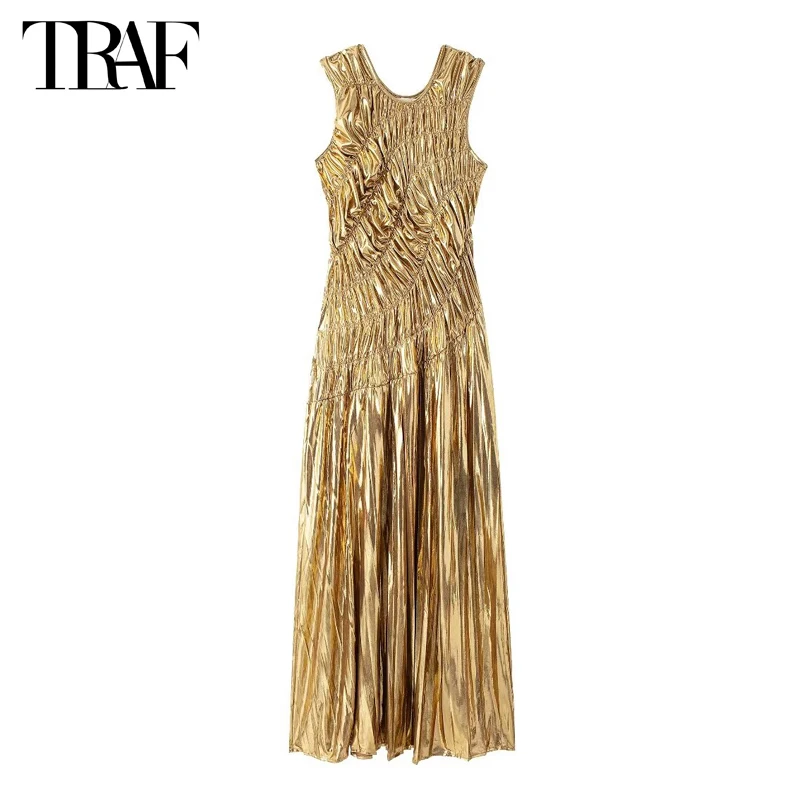 TRAF Golden Ruched Maxi Dress Women Sleeveless Long Dresses for Woman Luxury Party Womens Dresses Summer Bodycon Female Dress