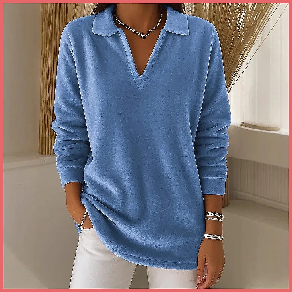 

2026 Retro V-Neck Fleece Sweatshirt for Women, Winter Knit Pullover Solid Color Long Sleeve Versatile Fashion
