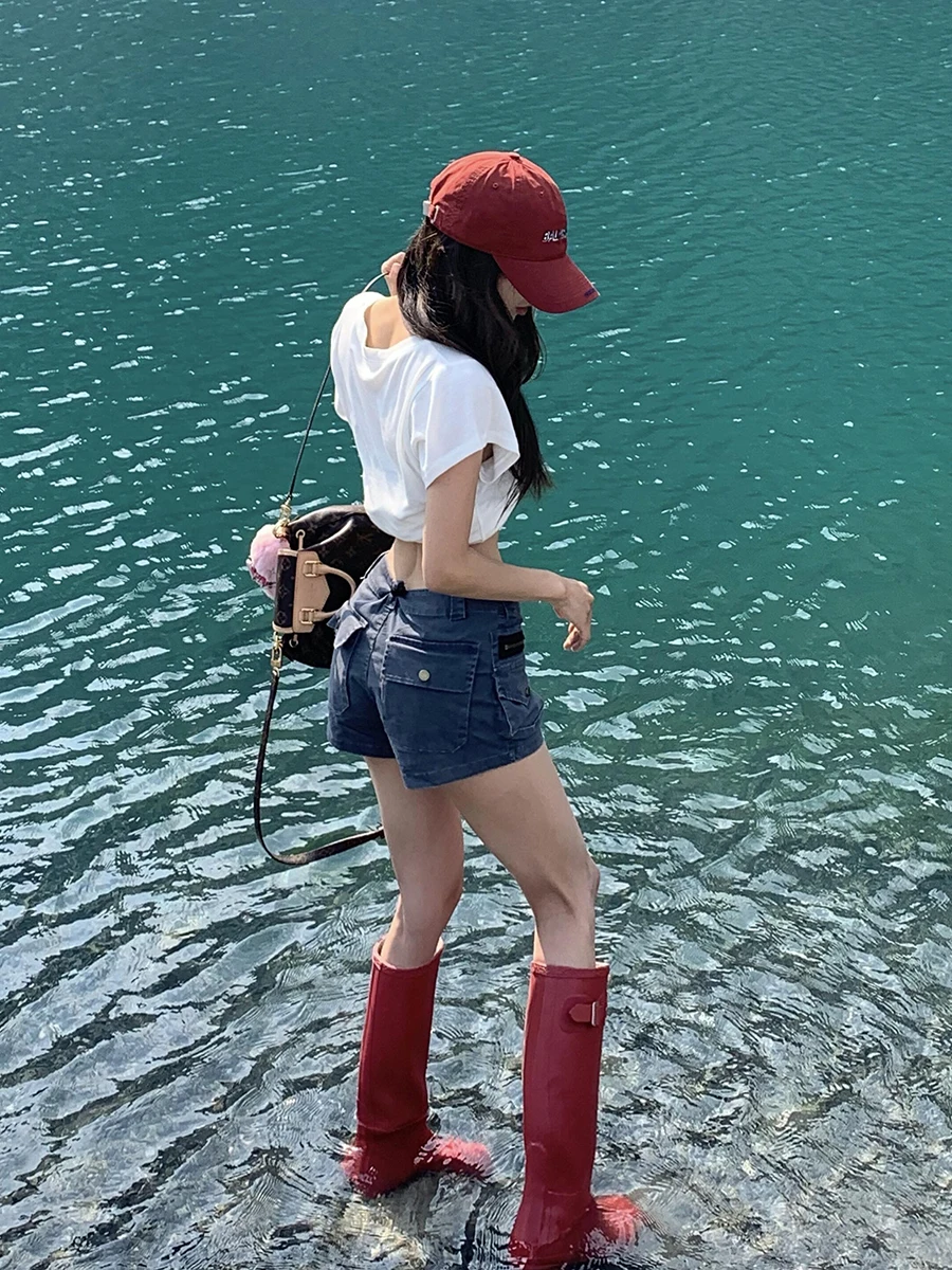 ReddaChic Acubi Fashion Gray Denim Shorts Low Rise Pockets Cargo Cropped Jeans Tight Bootypants Harajuku Summer Women Streetwear