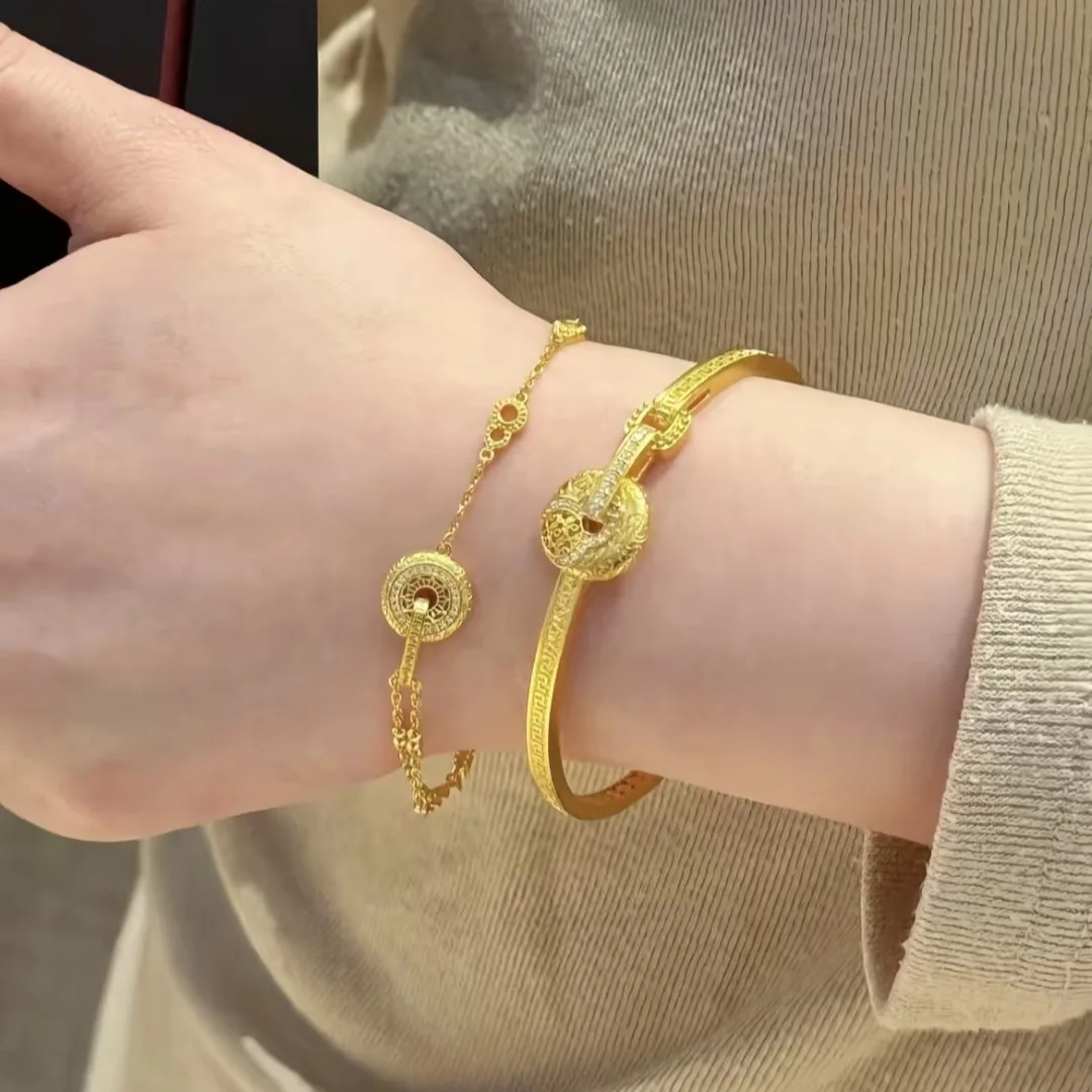 

Luxury 9999 24K real gold national fortune inheritance gourd peace buckle bracelet women's necklace bracelet earrings