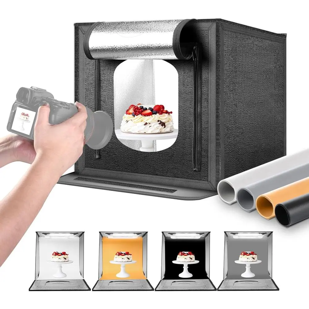 

Фотобокс для фотостудии 50 Вт, обновленная версия, 20x20 дюймов, портативный складной лайтбокс для фотосъемки, 4 фонаря-фонов, 5600K, 192 светодиода 5310, 5310lx/0.5м, с регулировкой яркости