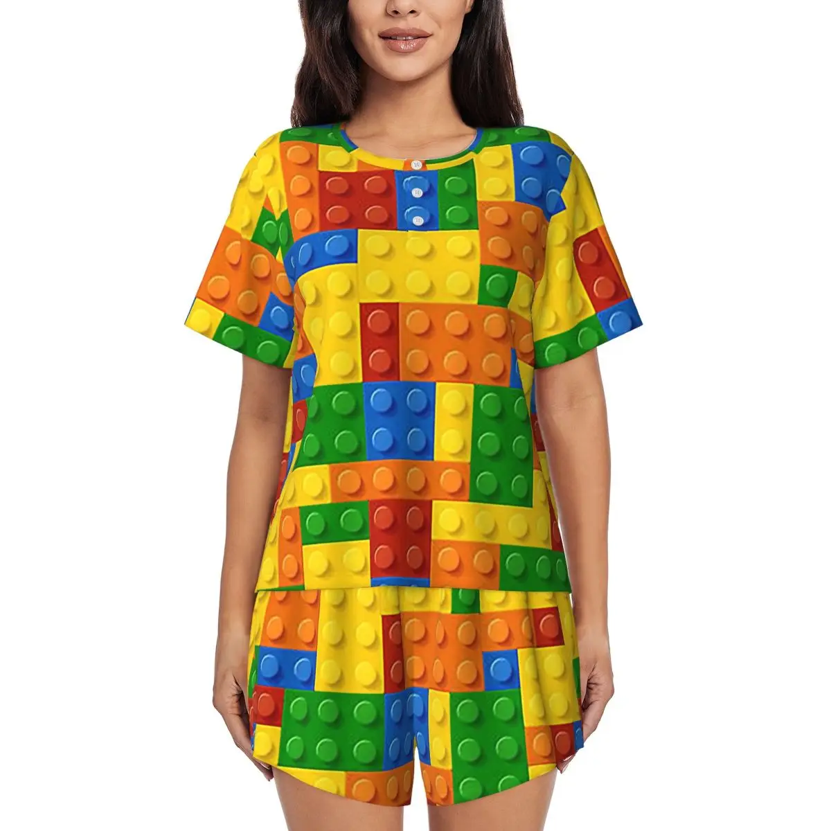 

Комплект для сна: пижама с коротким рукавом и круглым вырезом, свободные шорты, с принтом строительных блоков и кирпичей