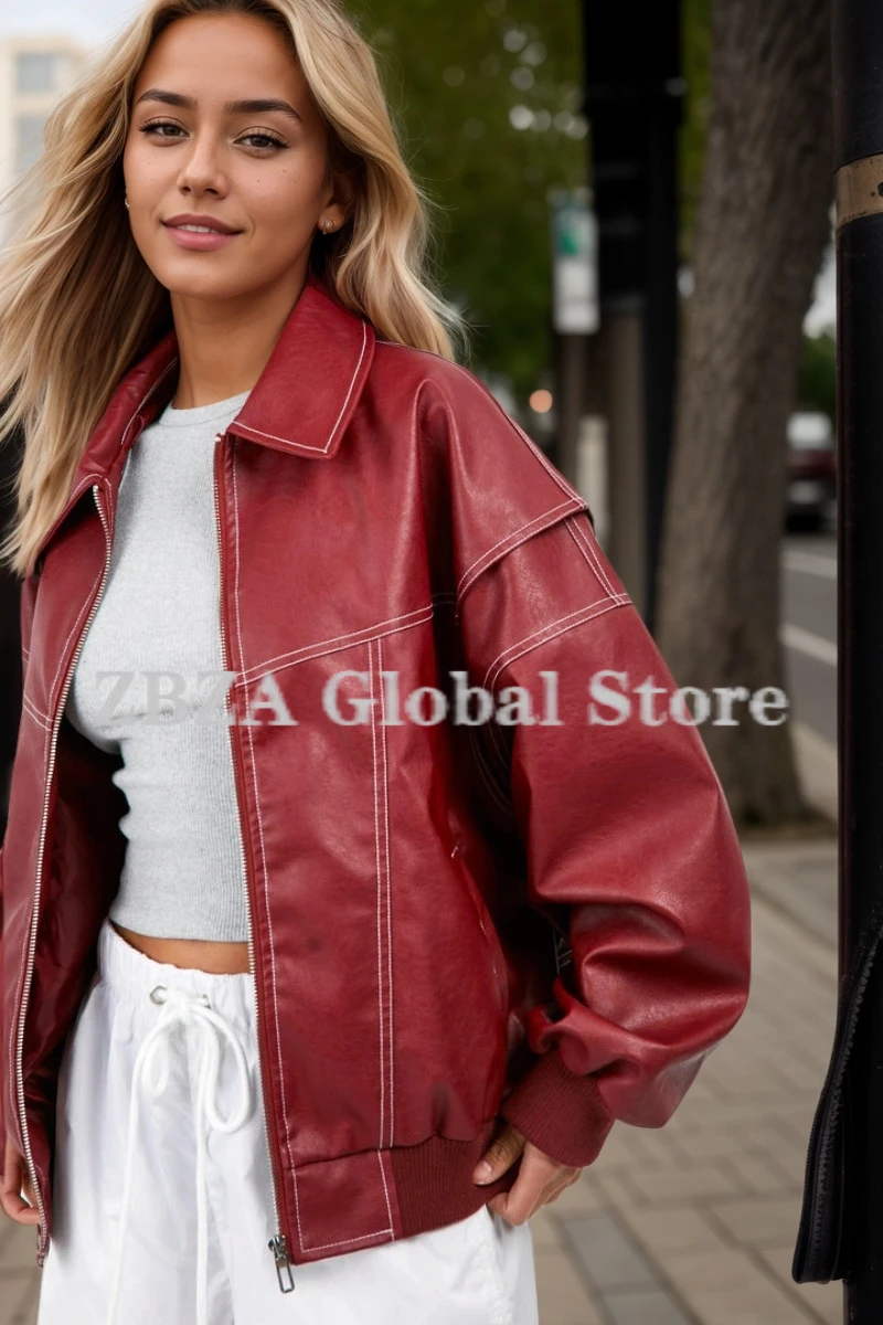 ZBZA Woman\'s Stitching Oversized Faux Leather Bomber Jacket Lapel Long Sleeves Vintage PU Jacket Fall New Female Chic Outerwear