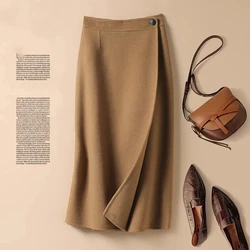 Korean Fashion Autumn Winter New Women's Solid Button Patchwor High Waist Elegant Chic Mid-length A-line Knitted Bag Hip Skirt