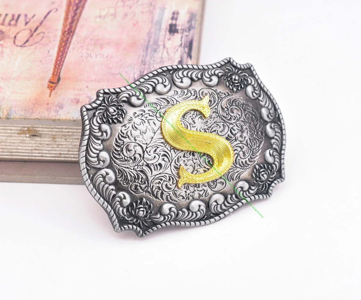 BKD0644 40mm Men Texas Gold Letter S Floral Carved Leathercraft Hardware DIY Western Cowboy Ranger Rodeo Belt Buckle