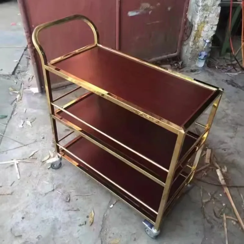 Steel and wood three-layer dining cart, wine , mobile food delivery cart, titanium service , 4S shop trolley, tea cart,