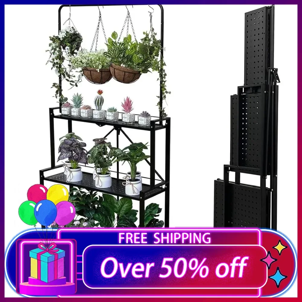 Foldable 4-Tier Plant Stand Indoor Outdoor Hanging Plant Shelf No Assembly Required Pot Placement Area With Wheels Sturdy