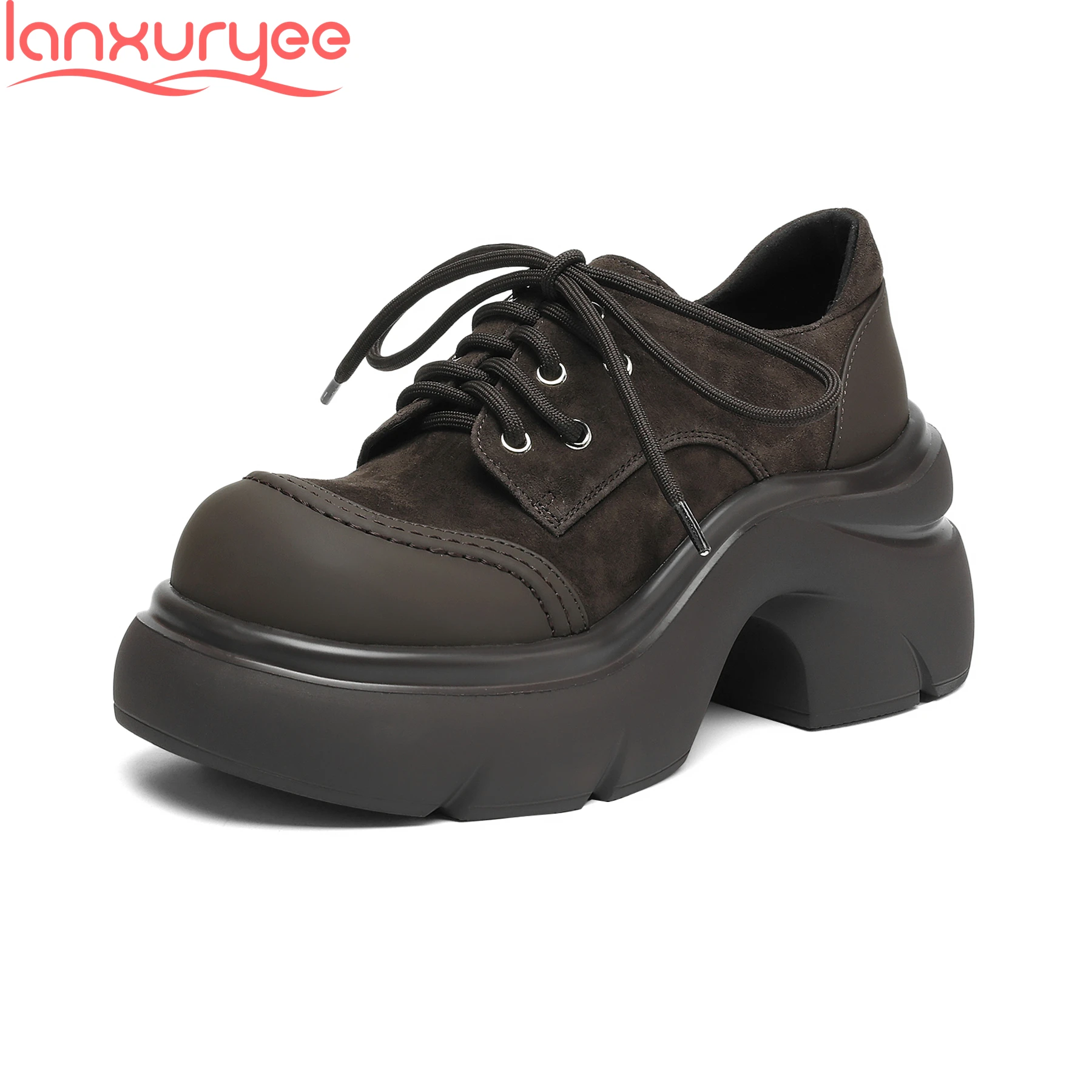

Lanxuryee Kid Suede Round Toe Lace Up Thick Bottom Platform Loafers Luxury Casual Shoes Retro Dating Concise Comfort Women Pumps