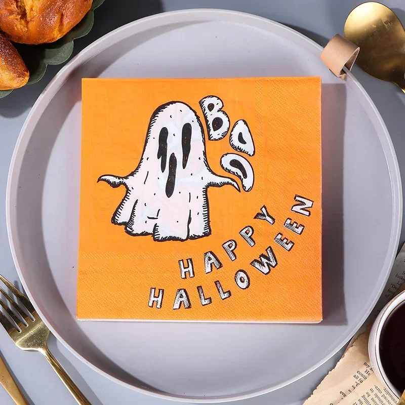 20pcs 33*33cm 2-Ply Yellow Spooky Napkins Halloween Elements Wood Pulp Paper Placemats Party Decoration Paper Napkins