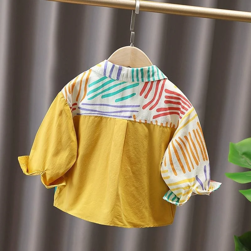 Chłopięca koszulka z długim rękawem, kurtka koszulowa, nowość na wiosnę i lato 2025, odzież dziecięca w paski z blokami kolorów