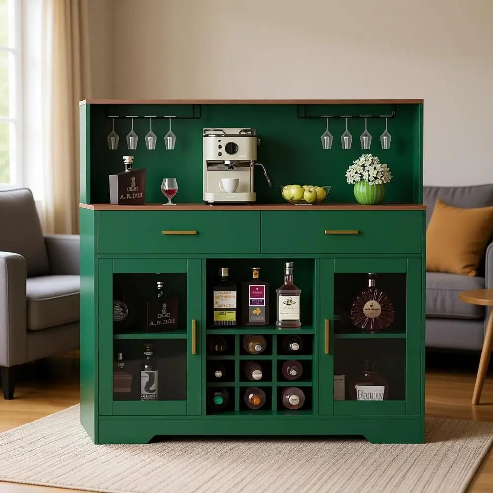 Illuminated Wine and Liquor Cabinet with Power Outlet and Glass Holders