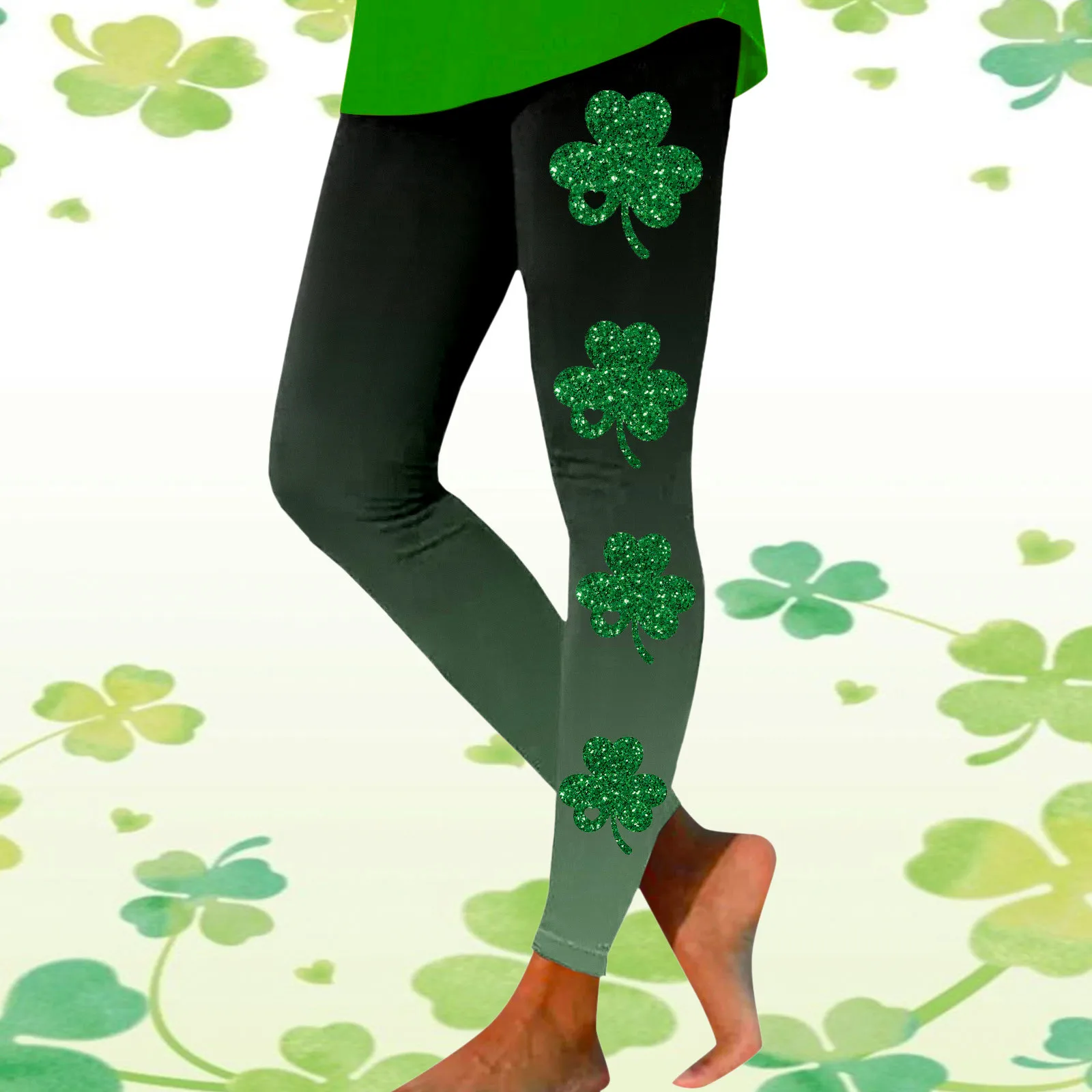 

Saint Patrick Lucky Sequin Clovers Leggings Irish Festival Shamrock Graphic Stretch Hight Waist Fitness Sport Yoga Tight Legging