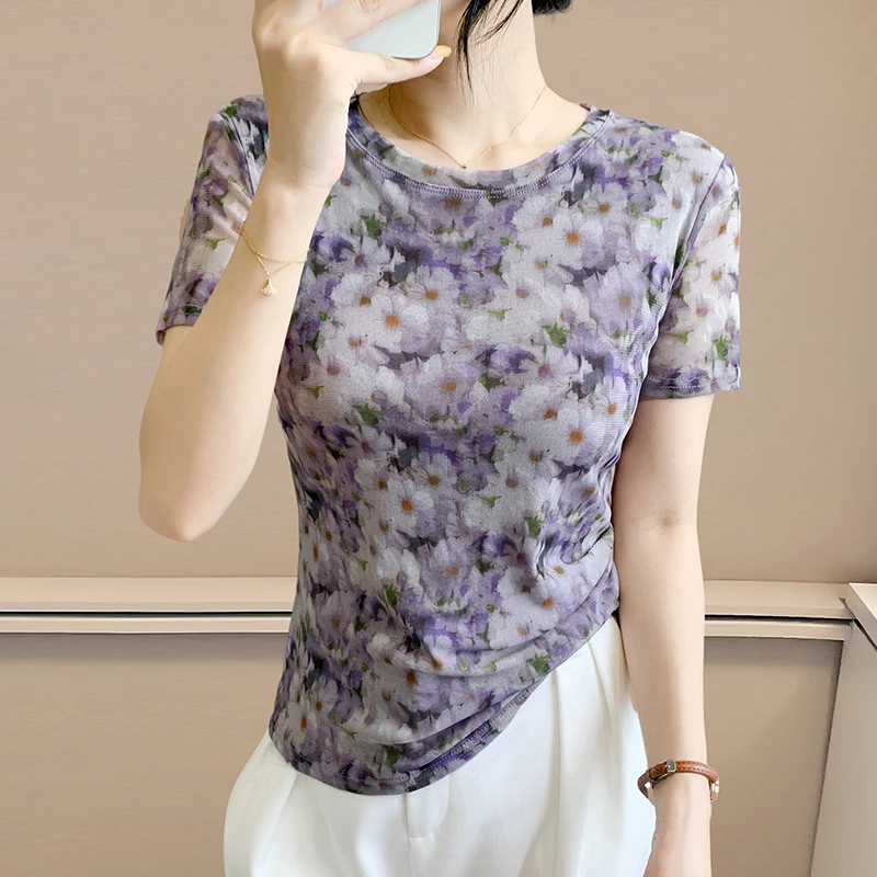 Elegant Floral Print T-Shirts Women Summer: Slim Fit Short Sleeve Blouse with Sheer Overlay for Casual Wea