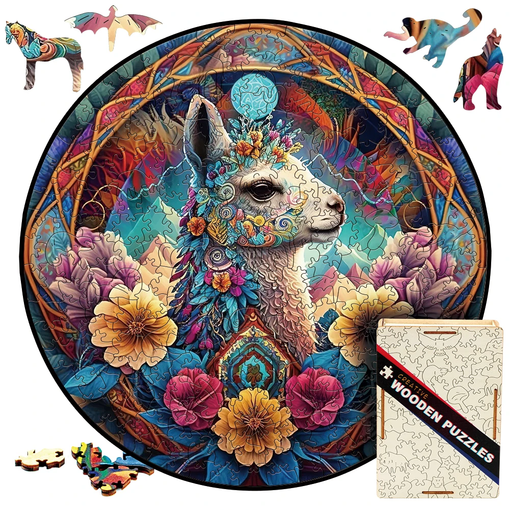 Wooden Puzzles For Adults Toys Llama Wooden Jigsaw Puzzles Round Shape Wood Animal Puzzle Creative Challenge For Family Friend