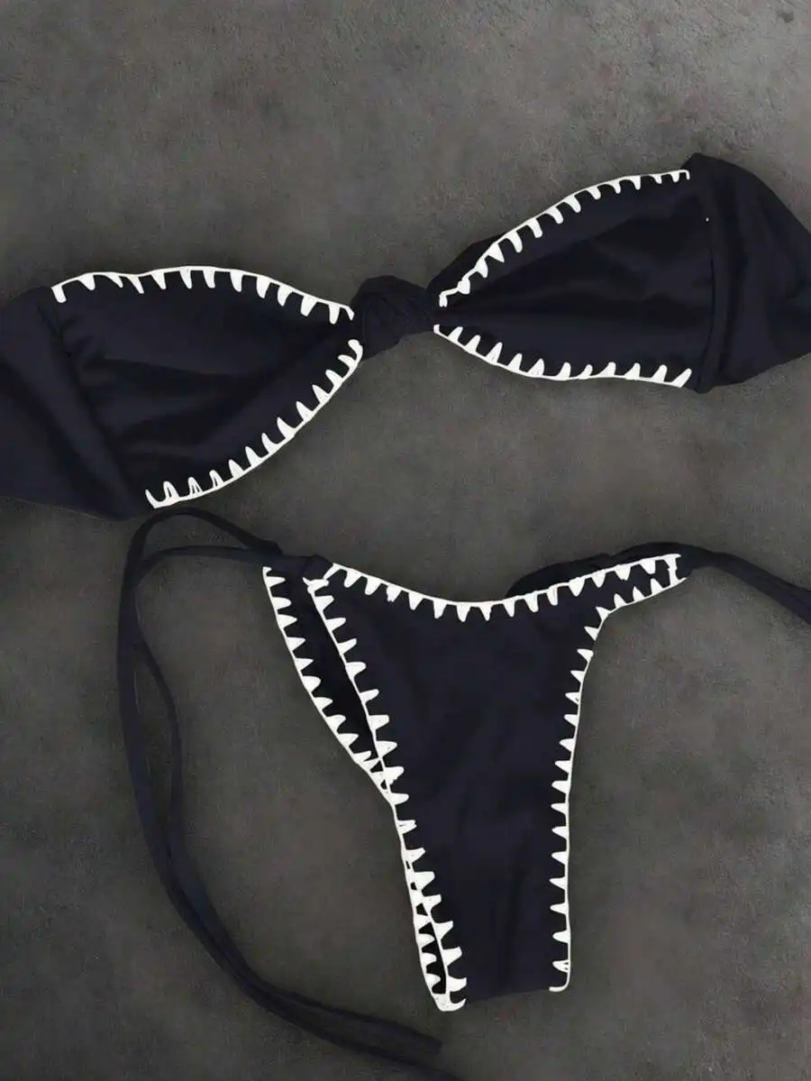 

Womens Black And White Contrast Lace Trim Halter Bikini Bottom For Beach Party Vacation