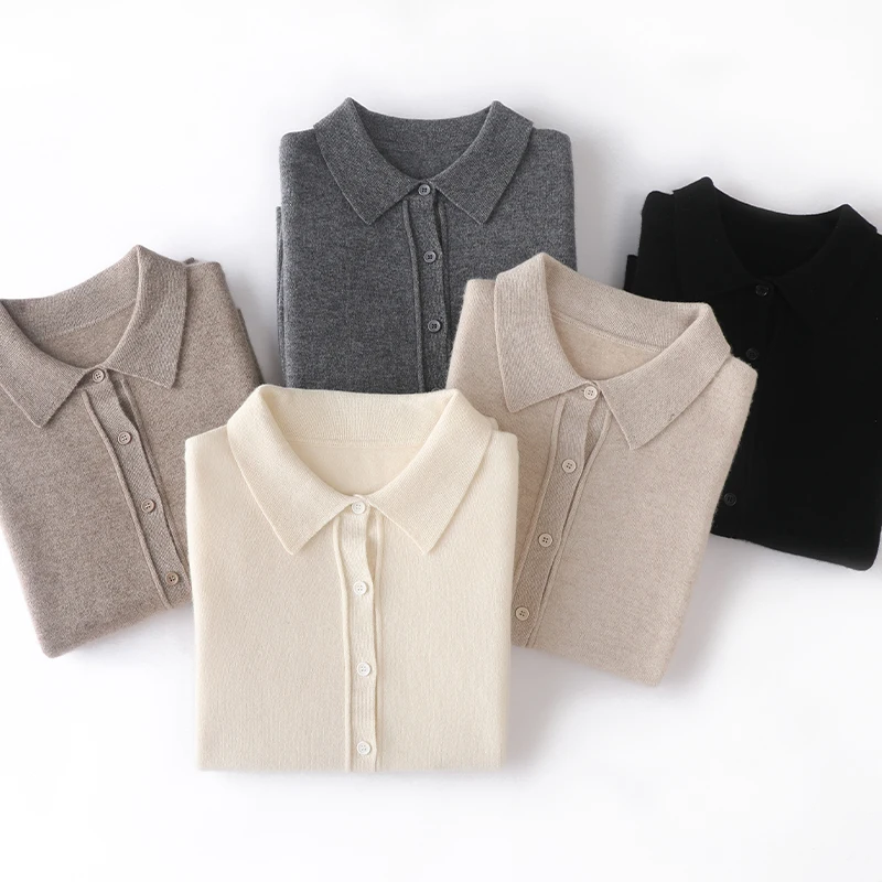 Autumn Women\'s Cardigan 100% Cashmere Knitted Sweater Chic Tops Cashmere Coat Ladies Causal Turn-down Collar Jacket Girls Clothe