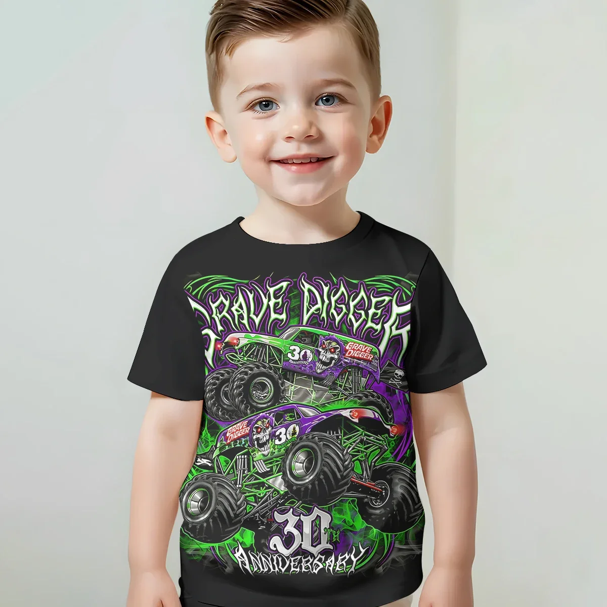 Ropa de bebé con estampado 3D de camión de dibujos animados Monster Jam, ropa de exterior masculina de 5 a 14 años para niños, camiseta para niños y niñas
