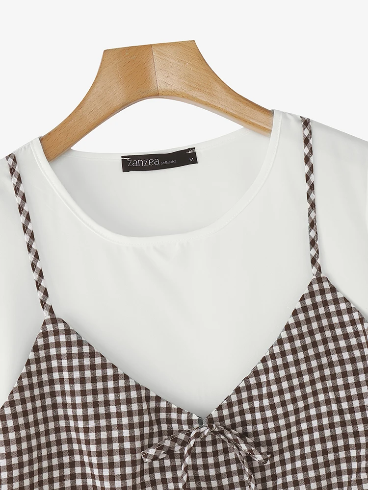 Summer T-shirts ZANZEA Fake Two-piece Tops Women T-Shirts 2025 Fashion Short Sleeve Plaid Tees Casual Loose Bow Elegant Shirts
