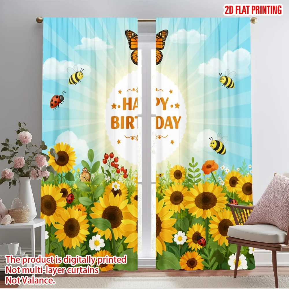 

2pcs 2D flat printing Window Curtains Monarch Butterflies Sunflowers Happy Birthday 100% Polyester Fabric Without Electricity