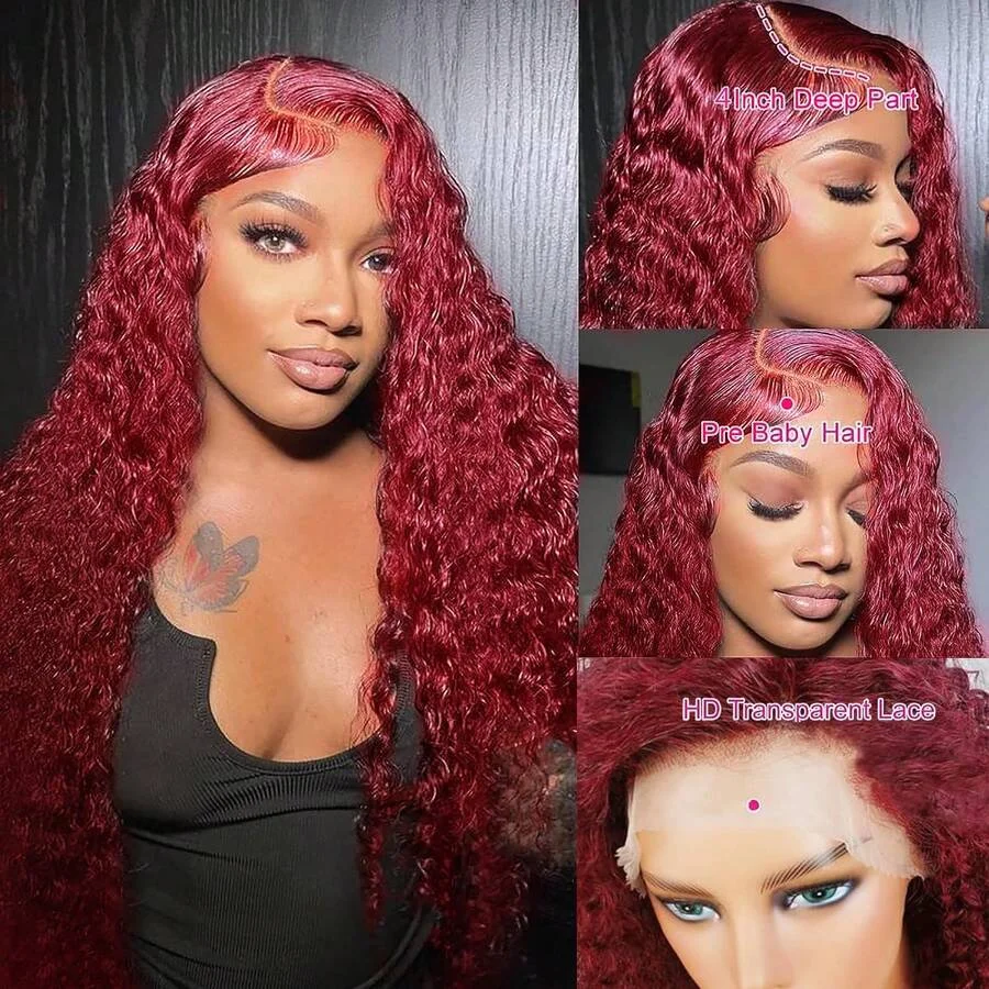 99J Burgundy Lace Front Wigs Human Hair 13x4 Water Wave Lace Front Wigs Human Hair Deep Curly Human Hair Lace Front Wigs - Image 4