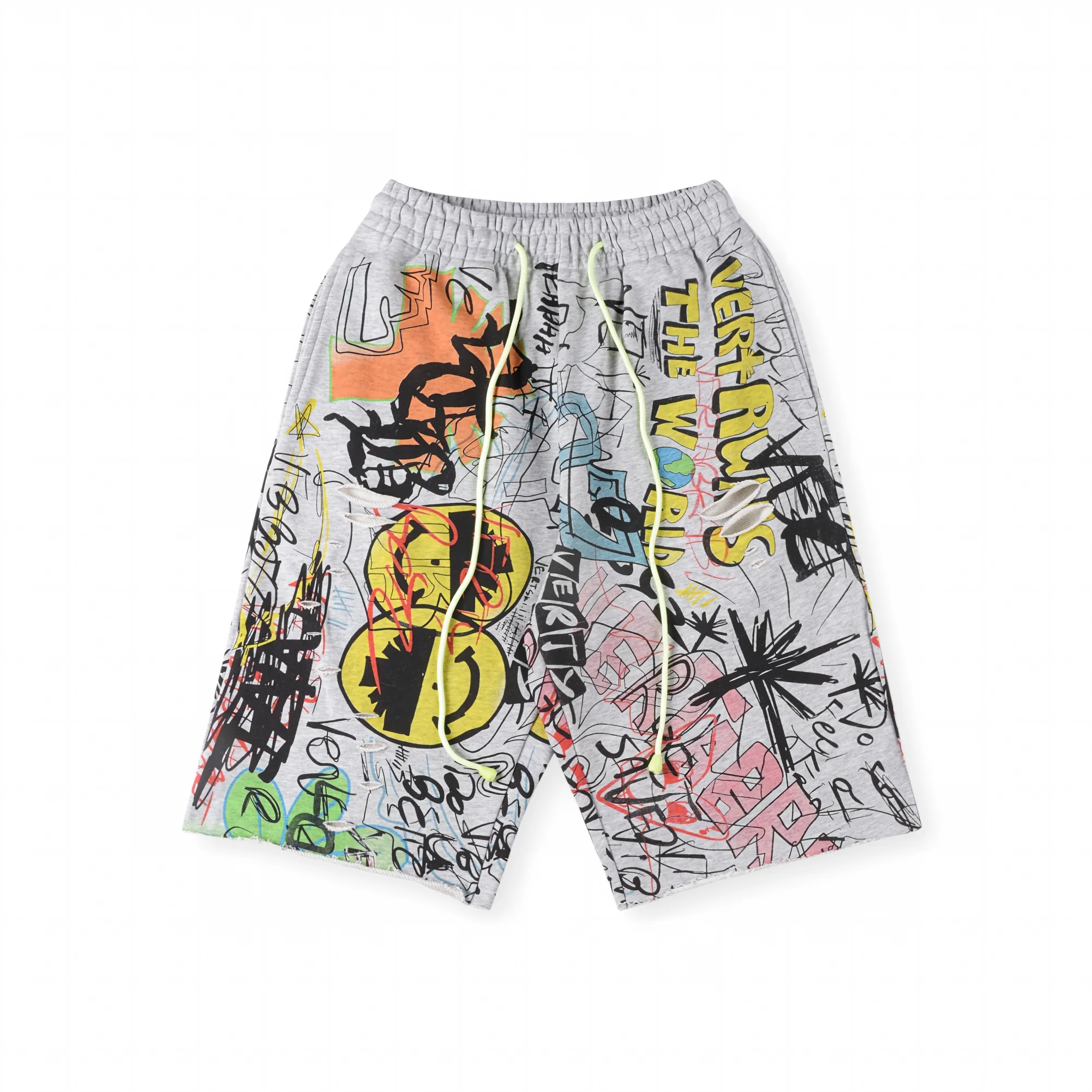 Vertabrae Graffiti Print Casual Shorts Men Women Streetwear Hip Hop Smiley Face Cotton Shorts