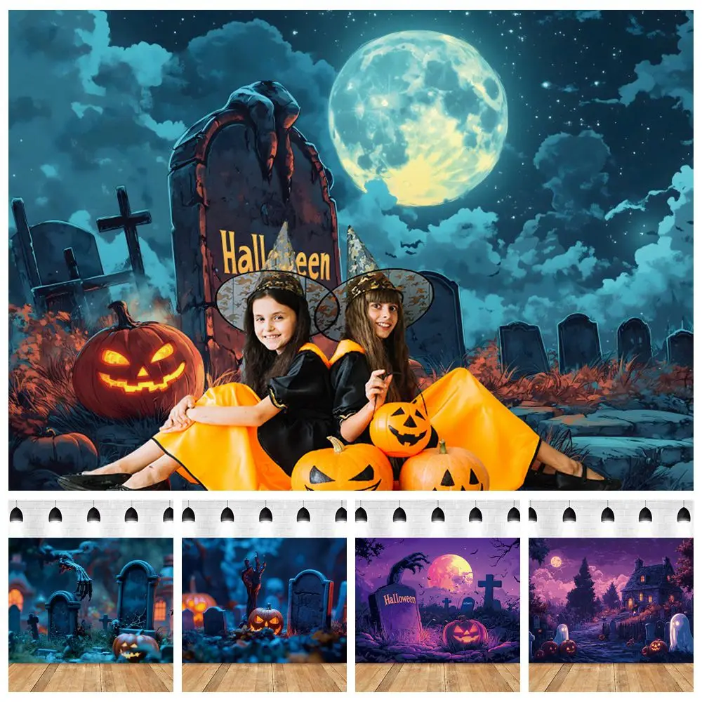 

Halloween Backdrop Horror Night Suburban Forest Tombstone Moon Pumpkin Lantern Baby Kids Family Portrait Photography Background