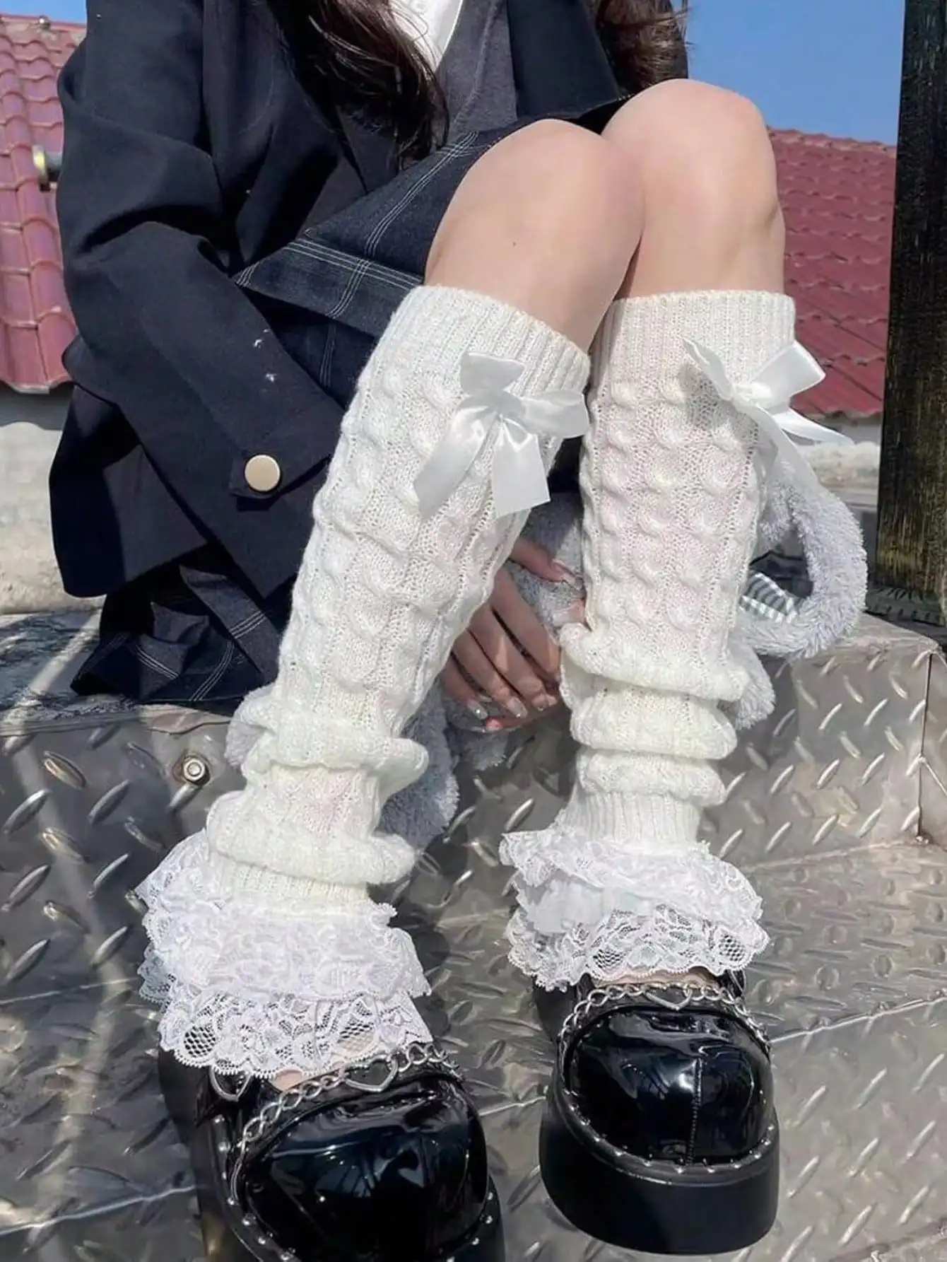 

1 пара белых вязаных гетр с кружевной отделкой и бантом в стиле Лолита для женщин, уютные зимние носки