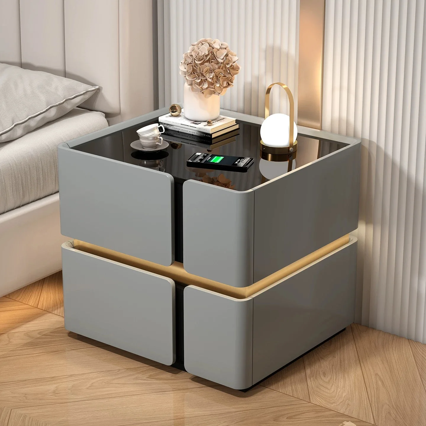 Modern Luxury Wood Smart Bedside Table with Led Light Wireless Charging Speakers 2 Drawer Bedroom White Leather Furniture Design - view 3