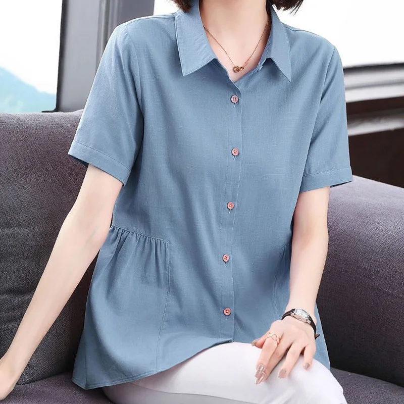 Summer New Loose Pleated Shirts Short Sleeve Polo Neck Solid Color Plus Size Blouse Simplicity Fashion Casual Women Clothing