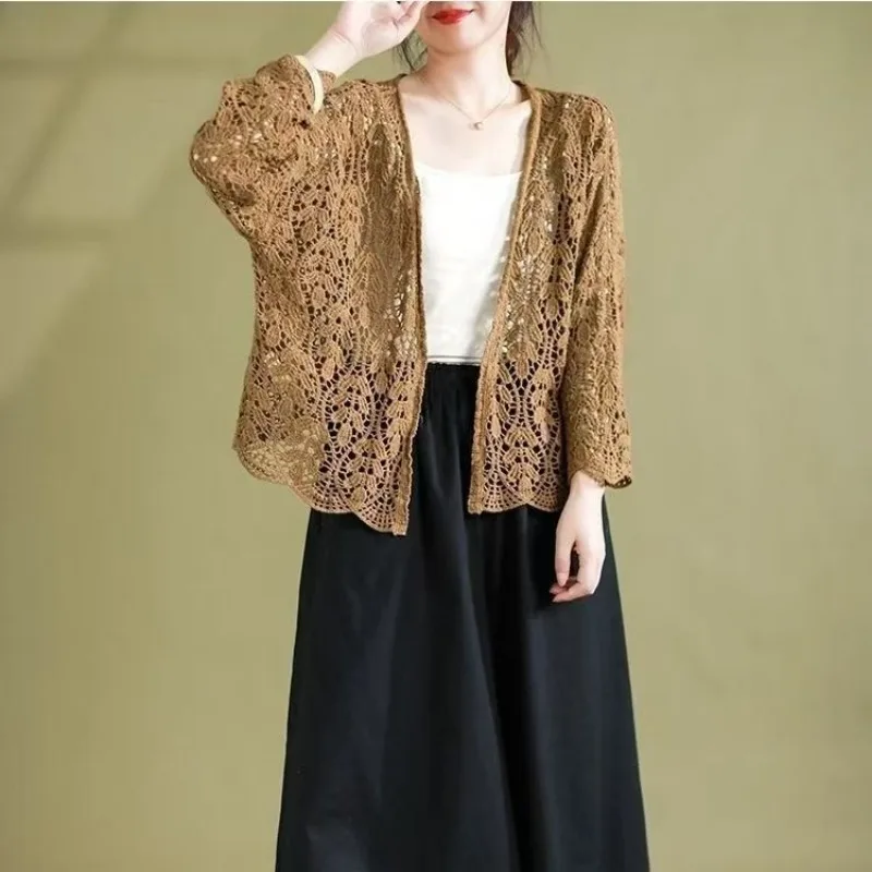 Cárdigan hueco de punto fino para mujer, Top de moda coreana, camisa corta suelta con protección solar con aire acondicionado, novedad de primavera