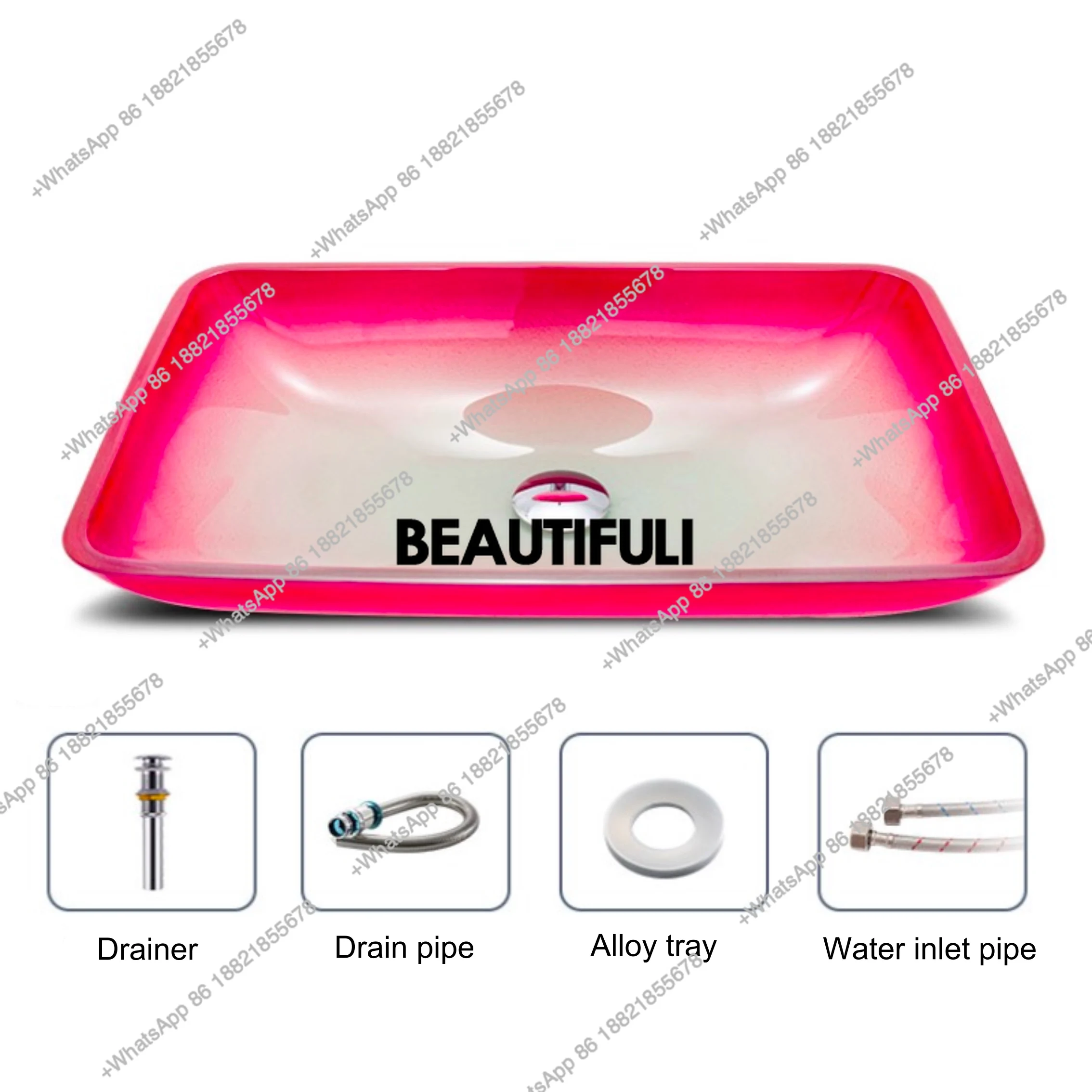 Tempered Glass Hand Wash Sink Above Counter Basin Pink Bathroom Basin With Drainer+Drainer Pipe+Inlet Pipe