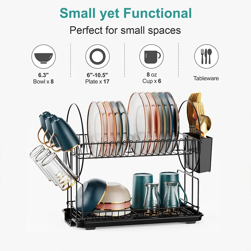 2 Tier Dish Drying Rack Drain Board Set Tableware Drainer Kitchen Countertop Storage Rack Space Saving Organizer for Countertop