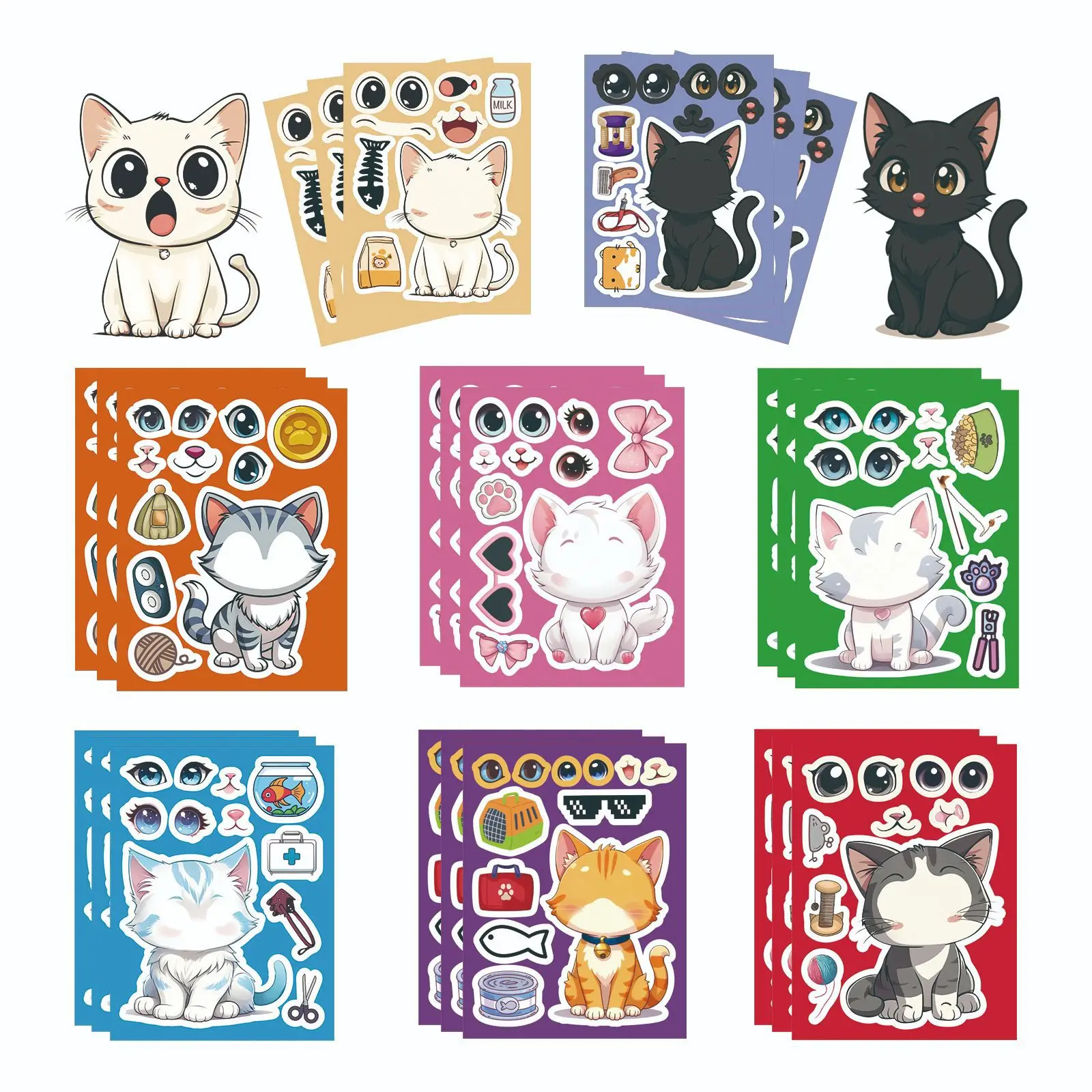 

8/16Sheets Cartoon Cute Cat Puzzle Stickers Make a Face Doodle Decal Children's Toys Decorative Scrapbook Helmet Laptop Computer